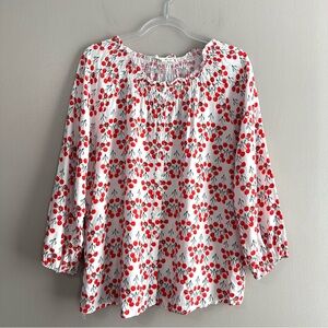 Jane & Delancey Cherries Print White Button Front Longsleeve Blouse Womens XL